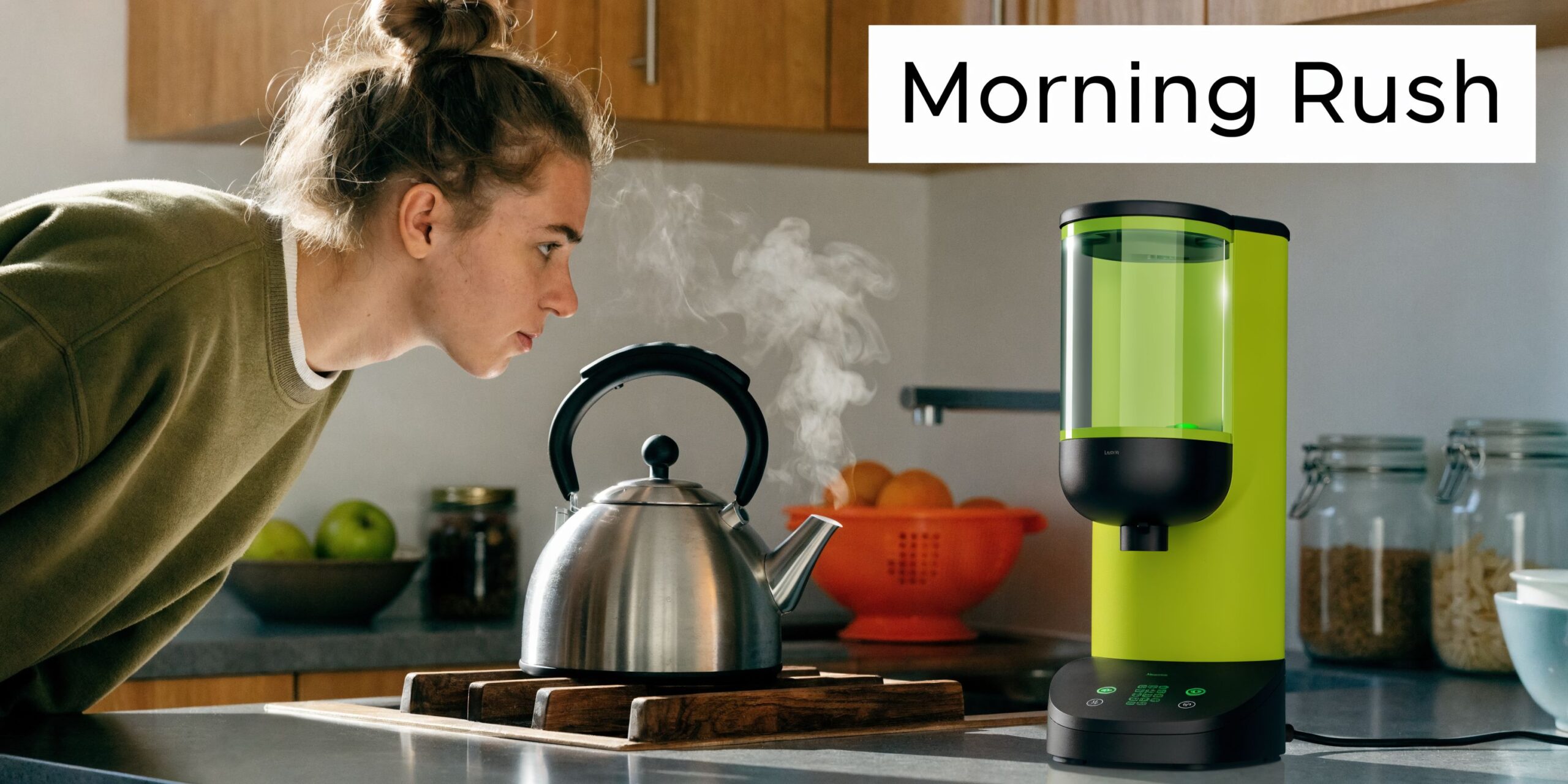 A woman looks at a steaming tea kettle next to a modern green electric water dispenser.