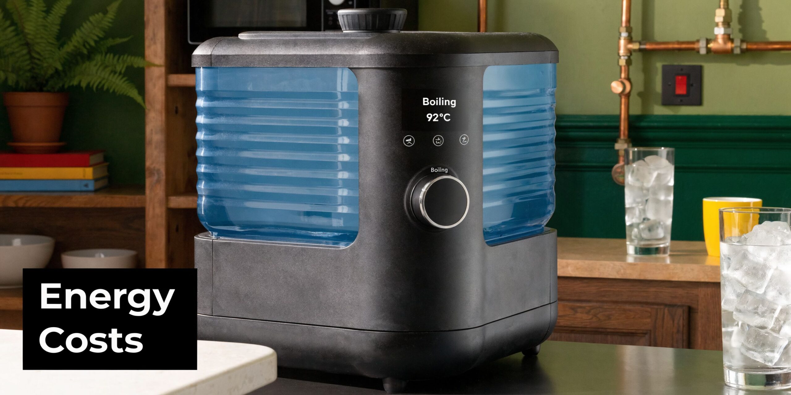 A modern black countertop hot water dispenser with a digital temperature display showing 92 degrees Celsius.