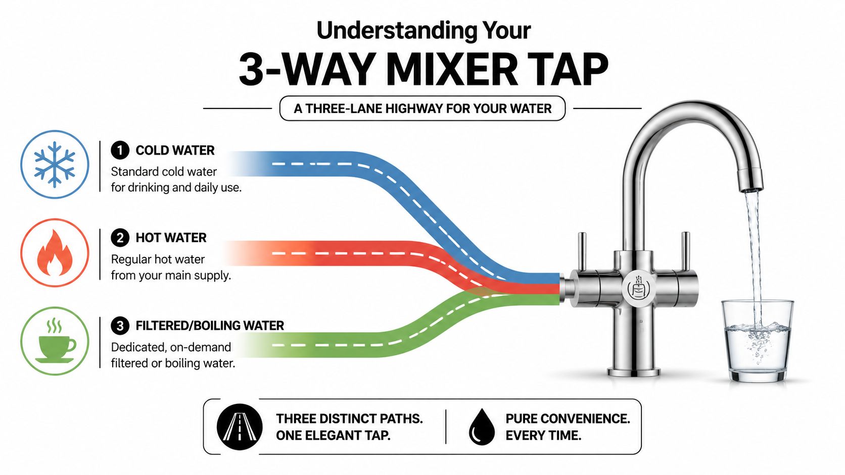 A diagram illustrating how a 3-way mixer tap provides cold, hot, and filtered boiling water efficiently.