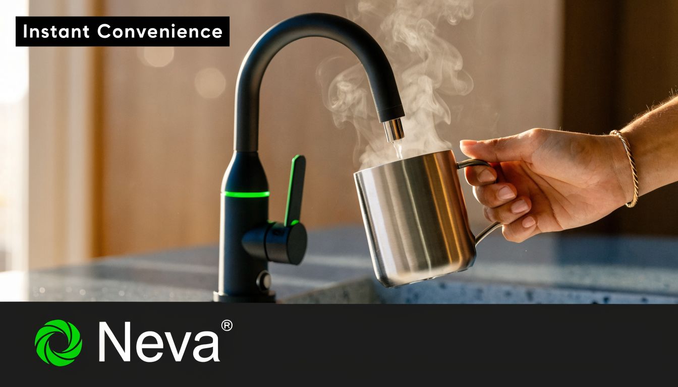 A hand holding a metal mug under a modern matte black Neva faucet dispensing steaming hot water.