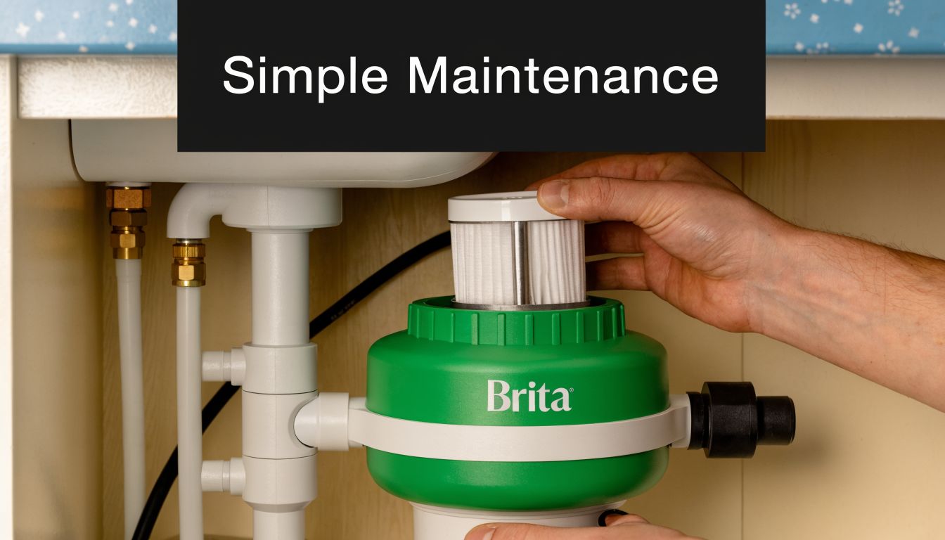 A person performing maintenance on an under-sink Brita water filtration system by installing a new filter cartridge.