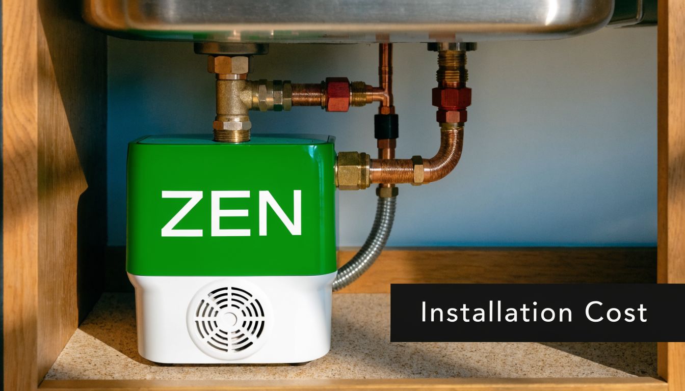 A modern Zen under-sink water heating unit connected to plumbing pipes inside a kitchen cabinet.
