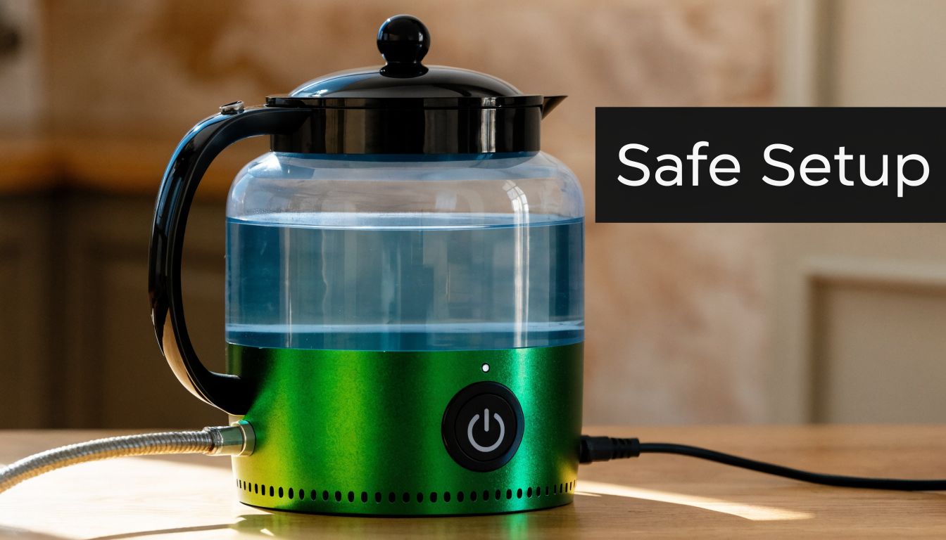 A green electric tea kettle with clear glass sides filled with blue water sitting on a table.