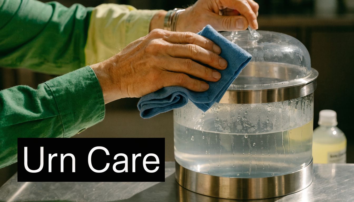 A person wiping down a stainless steel hot water urn with a blue cloth in a kitchen.