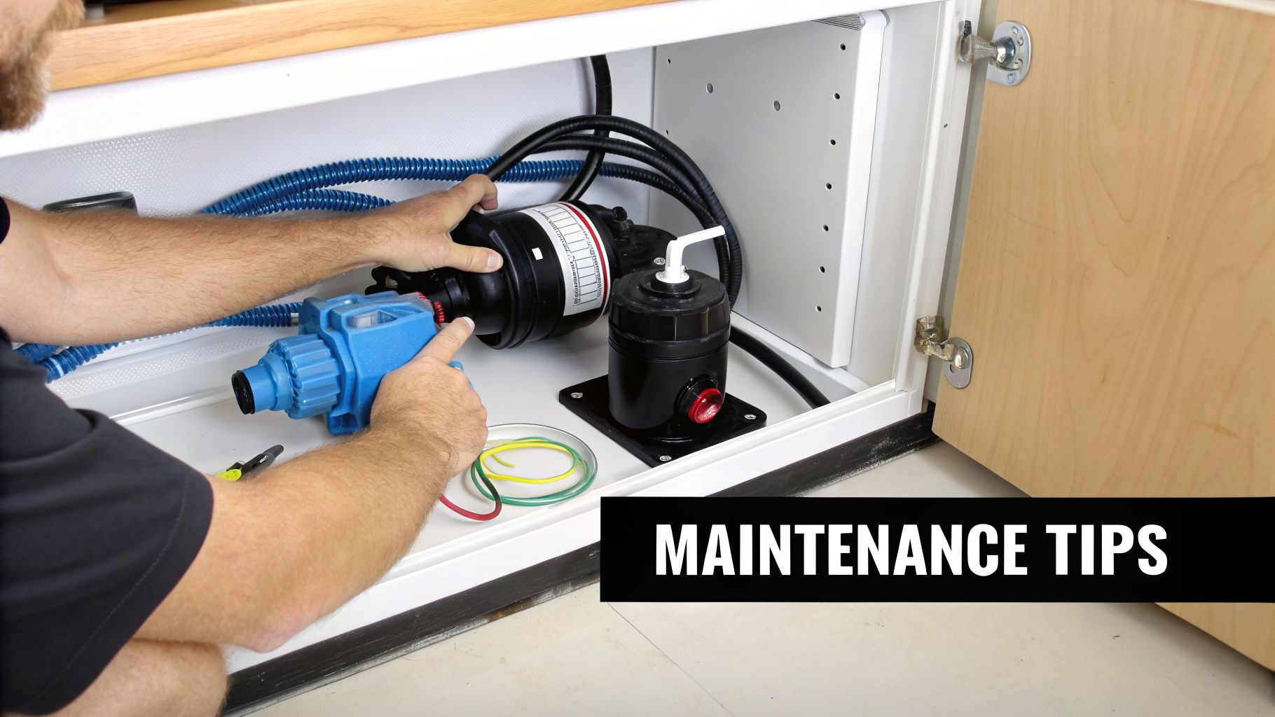 A person's hands are performing maintenance on a 12V water pump system inside an open cabinet.
