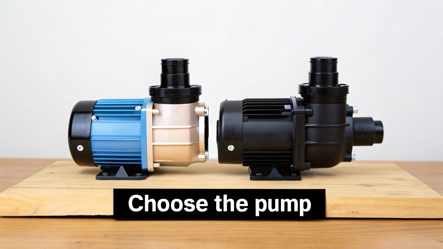 Two water pumps, one blue and gold, the other black, displayed side-by-side on a wooden board.