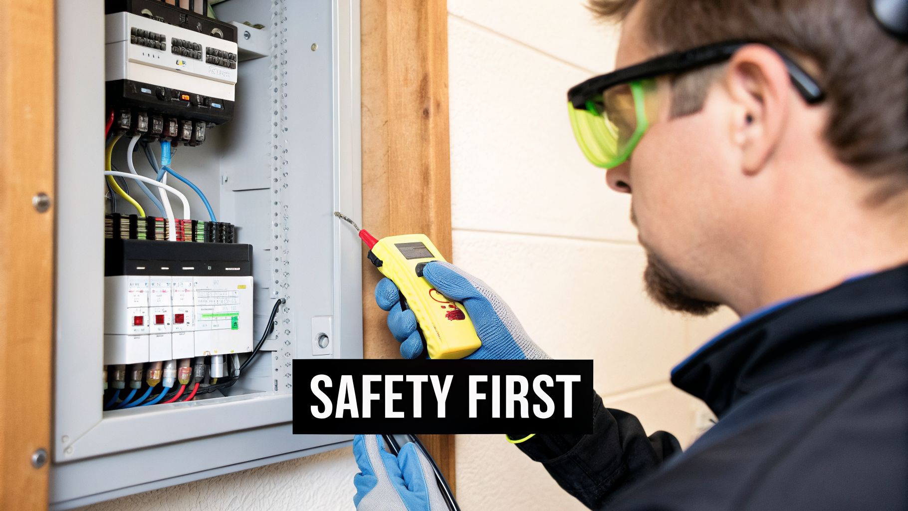 A man wearing safety glasses and gloves uses an electrical tester on an open circuit breaker panel, with "SAFETY FIRST" overlay.