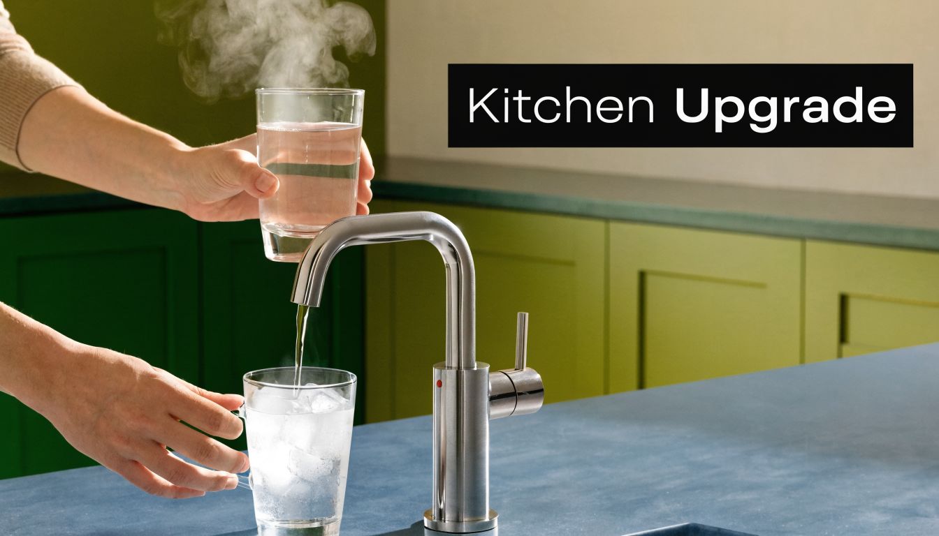 A person filling a glass with boiling water from a modern kitchen tap with ice cubes.
