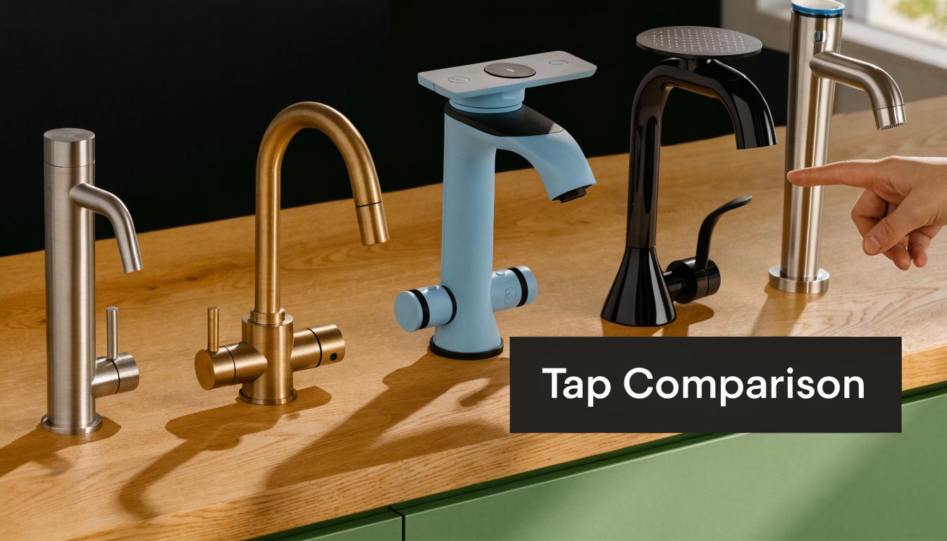 A line of five diverse kitchen taps, including brushed metal, gold, blue, and black models on a wooden counter.