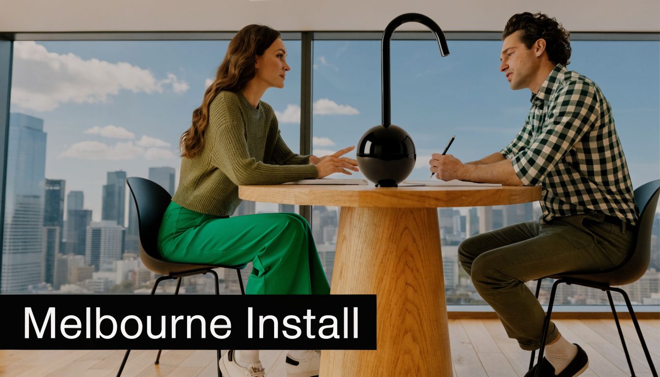 A man and woman discussing work at a modern wooden table with a black boiling water tap.