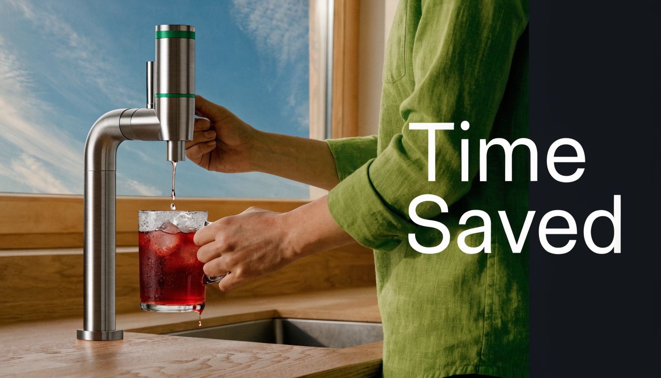 A person pouring a red drink from a modern metallic kitchen faucet into a glass with ice.