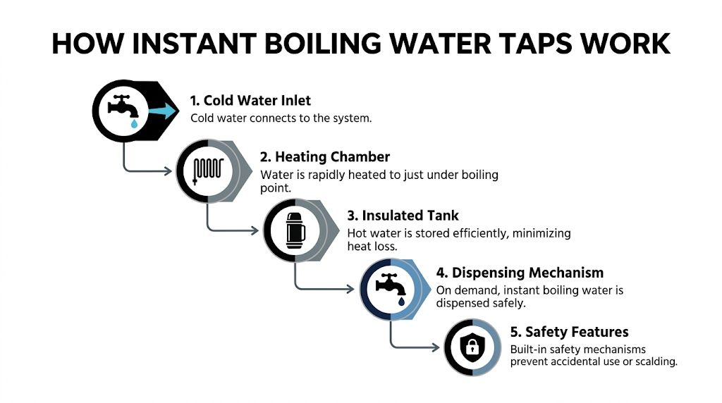 A diagram illustrating the five-step process of how instant boiling water tap systems function for domestic use.