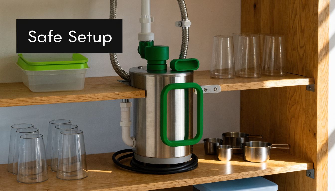 A stainless steel instant boiling water unit installed on a wooden shelf next to glass kitchenware.