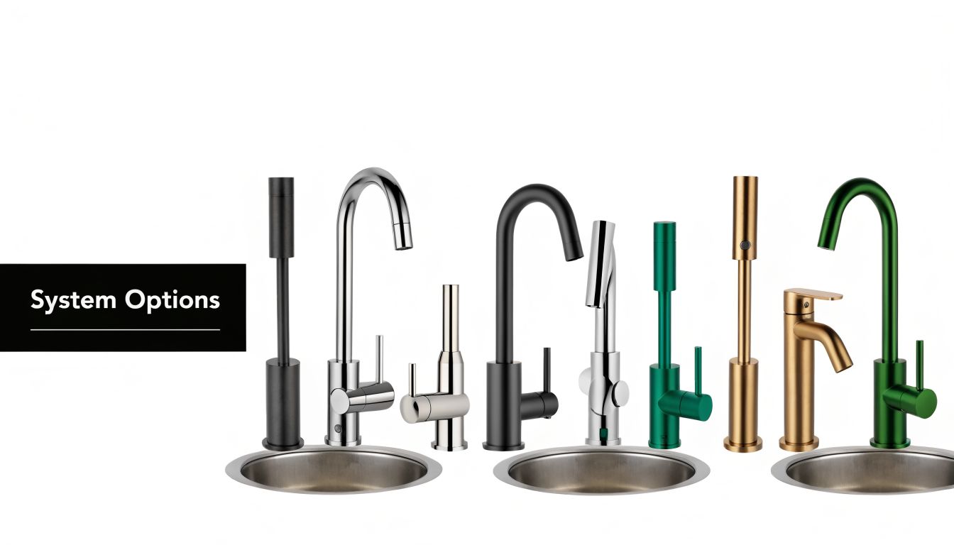 A display of various instant boiling water tap designs featuring different colors and metal finishes arranged neatly.