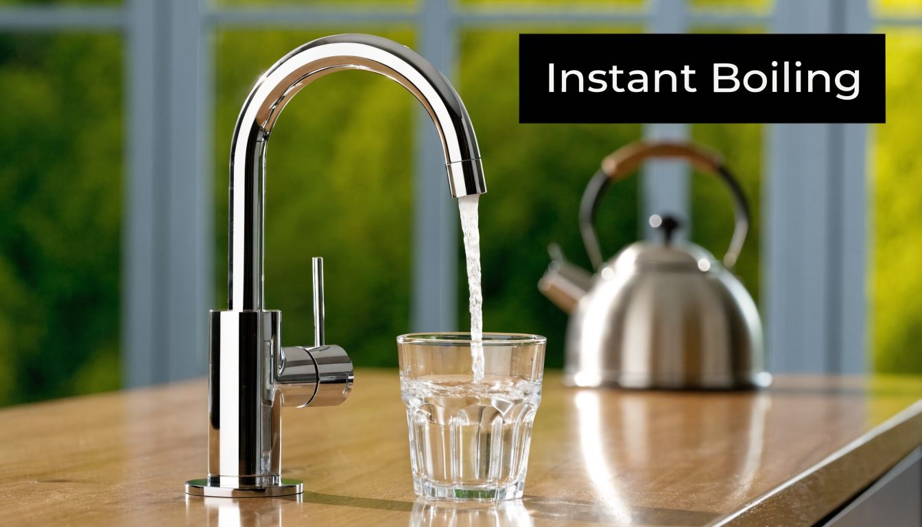 A modern chrome instant boiling water tap pouring water into a glass on a wooden kitchen counter.