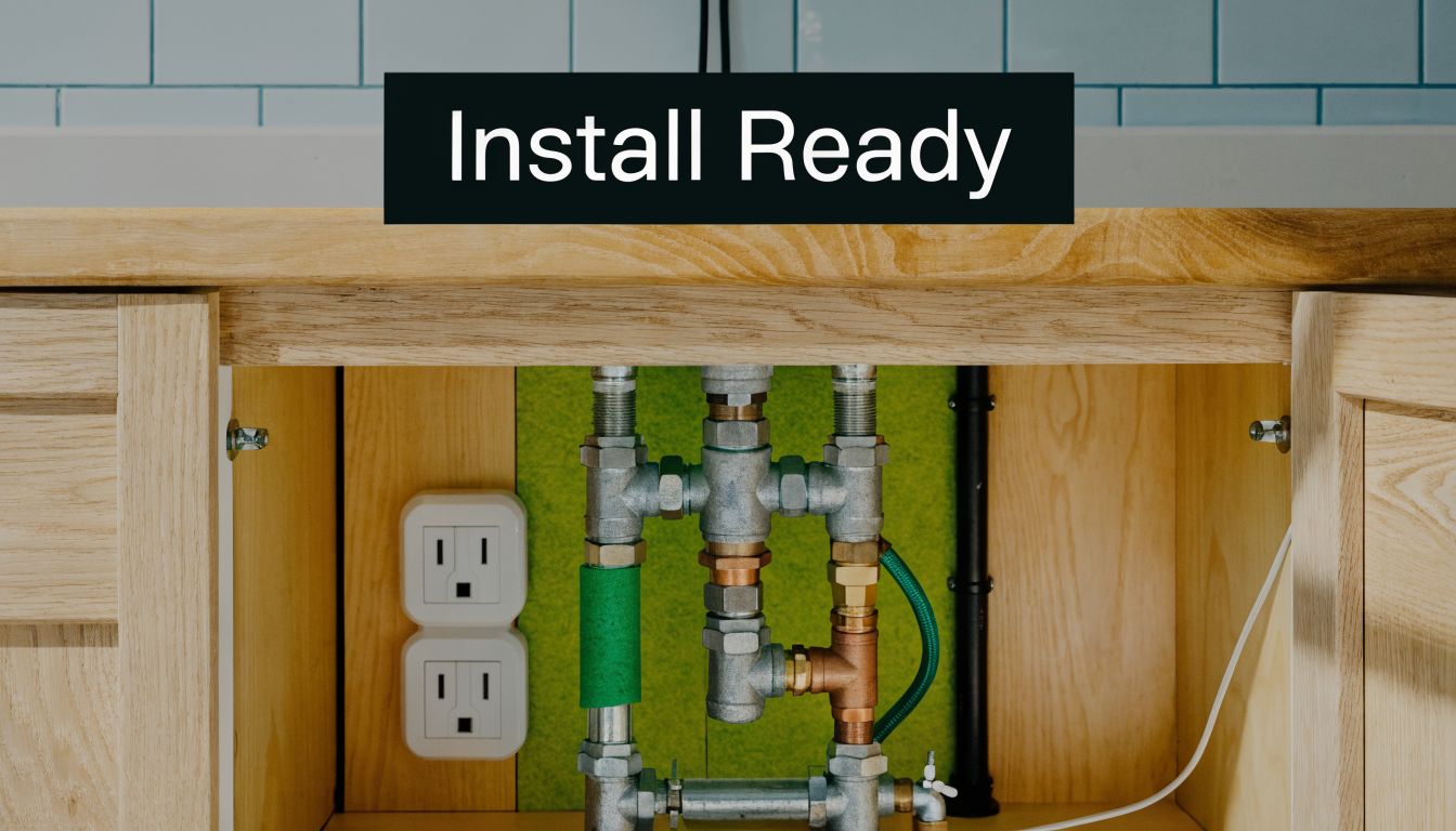 A close-up view of plumbing and electrical outlets installed under a kitchen counter cabinet for appliance connection.