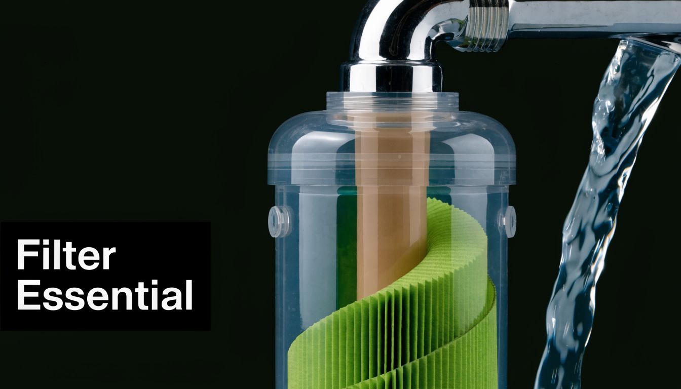 A close-up view of a water filter cartridge attached to a kitchen tap with water flowing out.