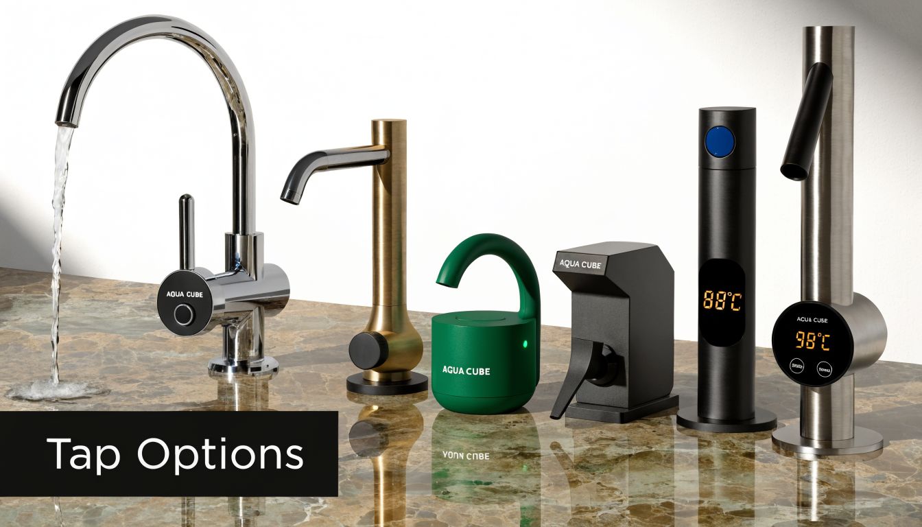 A selection of various modern Aqua Cube instant boiling water taps displayed on a polished marble countertop.