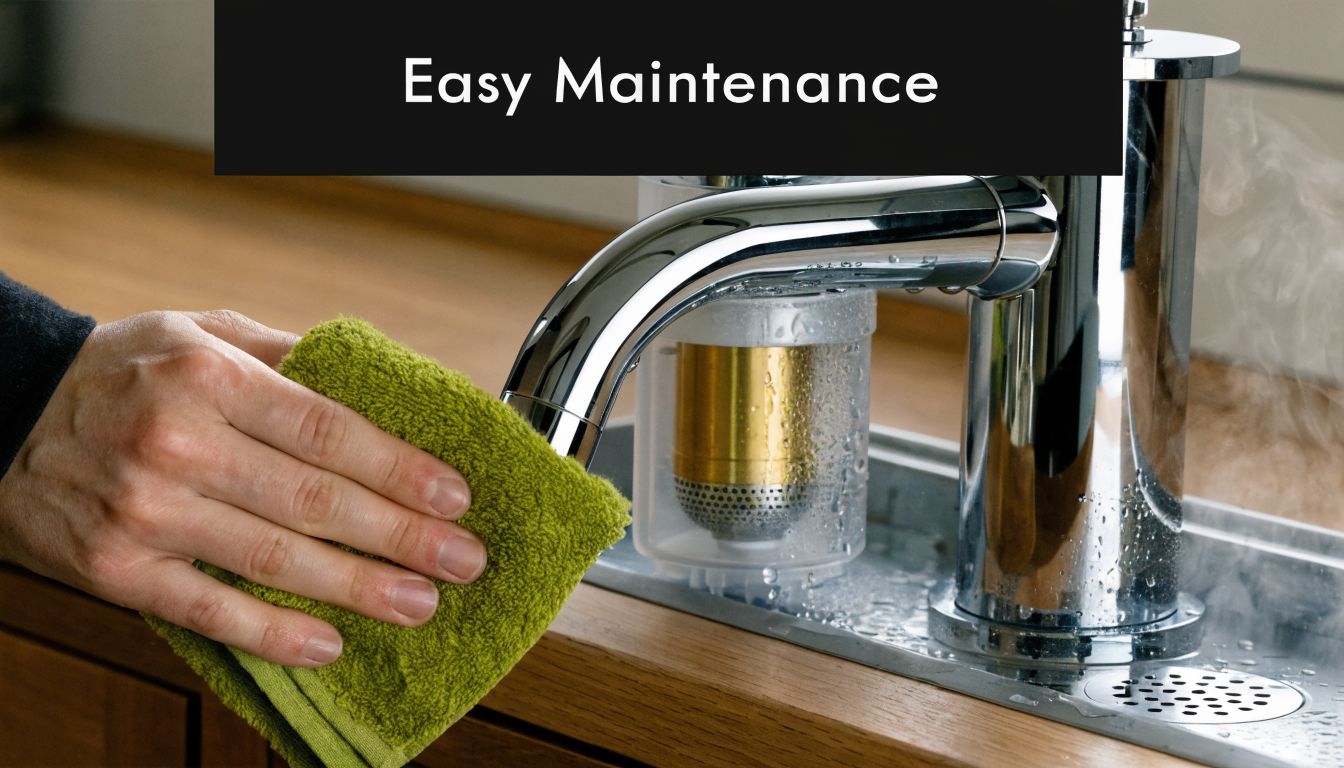 A person wiping a chrome instant boiling water tap clean with a soft green cloth in kitchen.