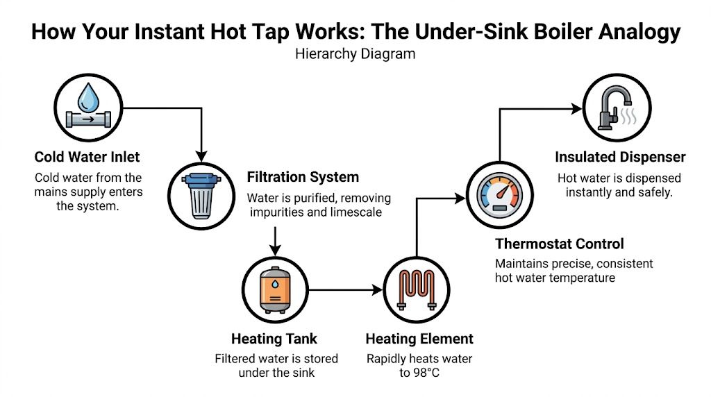 A diagram illustrating how an under-sink instant boiling water tap system works through a filtration and heating process.