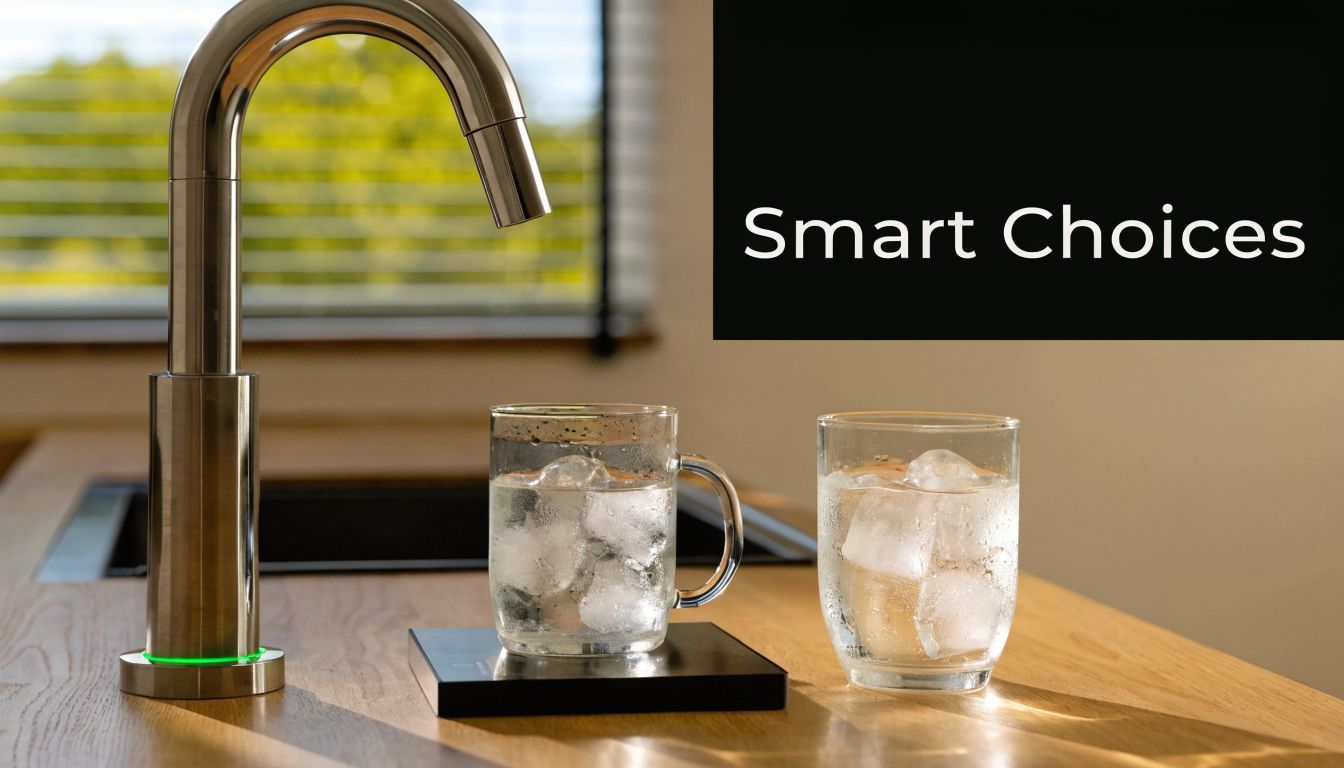 A sleek modern instant boiling water tap sitting next to glasses of ice water on a wooden counter.