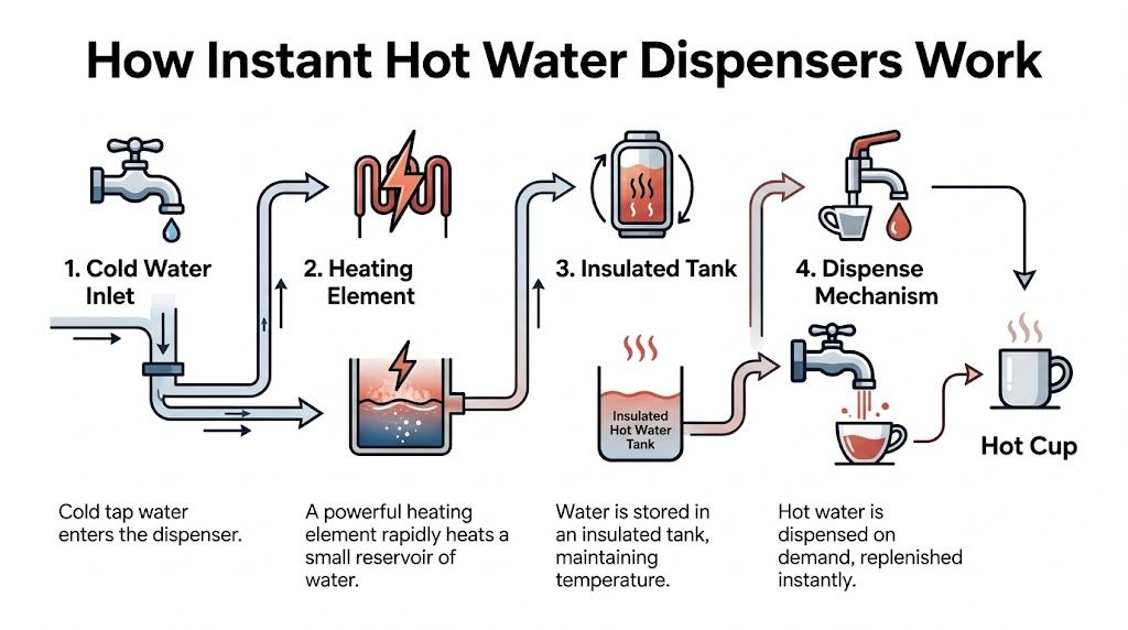 A diagram illustrating the step-by-step process of how an instant hot water dispenser heats and stores water.