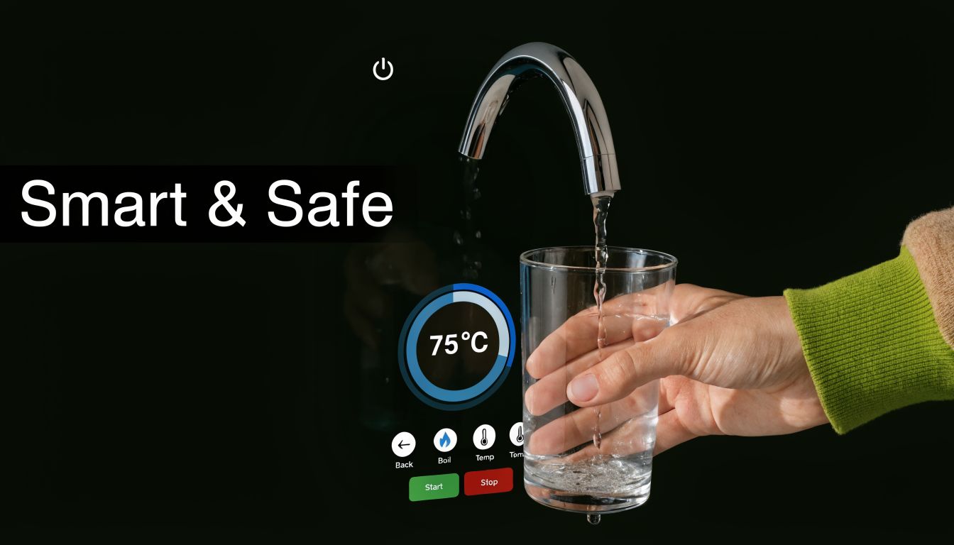 A person fills a glass with water from a smart digital instant hot water dispenser.