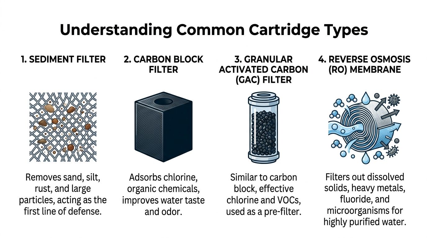 An infographic illustrating four common types of water filter cartridges including sediment, carbon block, GAC, and RO membranes.