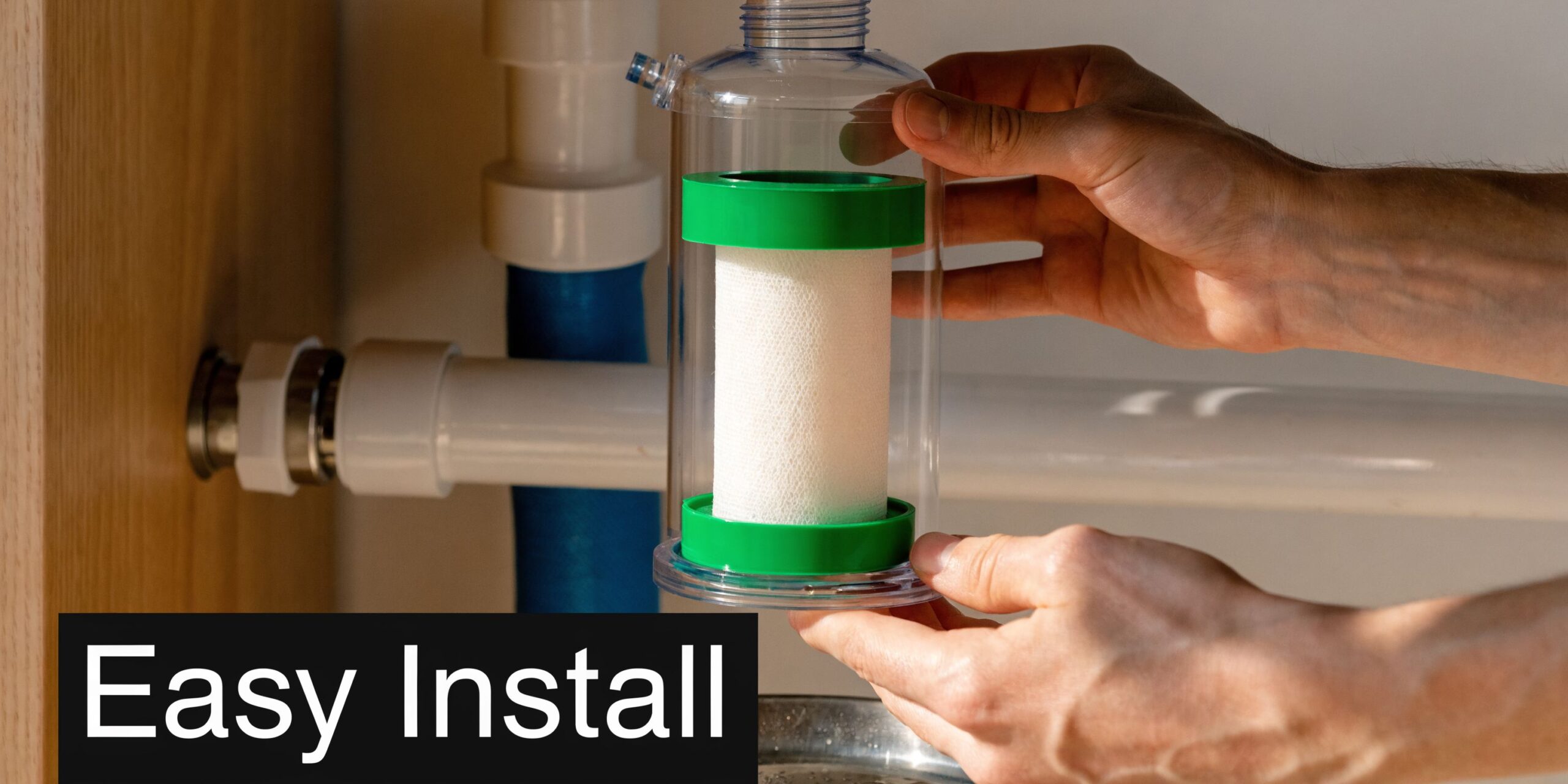 A person installs a white replacement water filter cartridge into a transparent plastic housing under a sink.