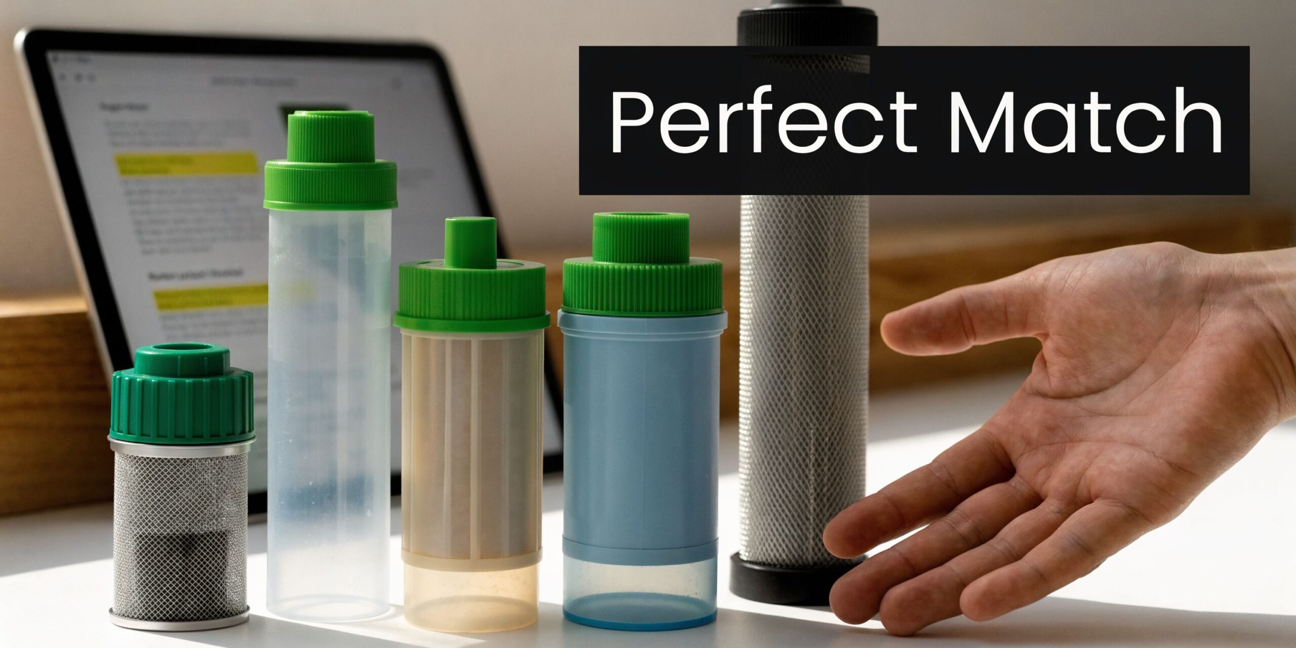 A row of various water filter replacement cartridges sits on a desk next to a human hand.