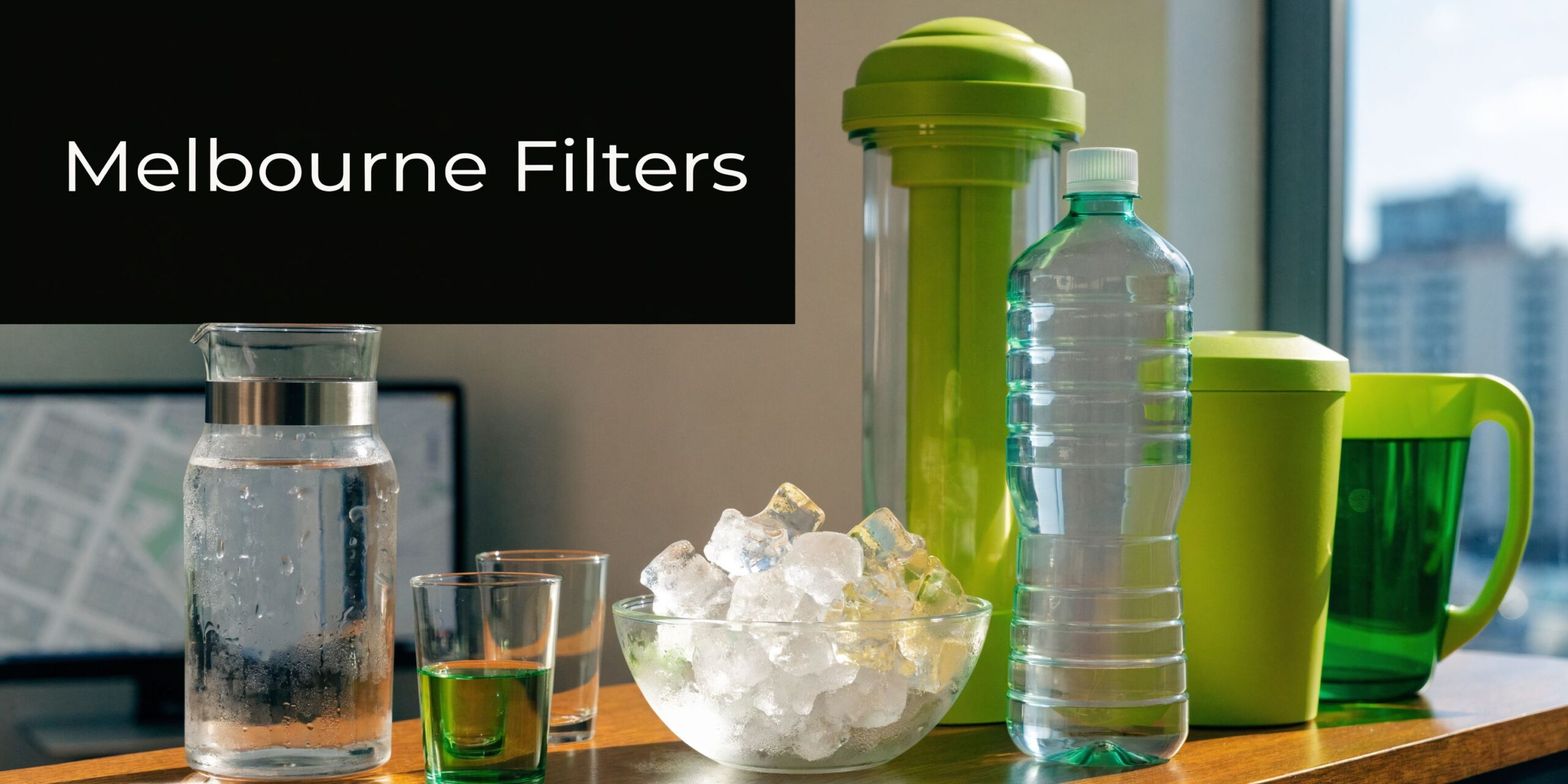 Various water containers and a bowl of ice cubes displayed on a wooden table in office.