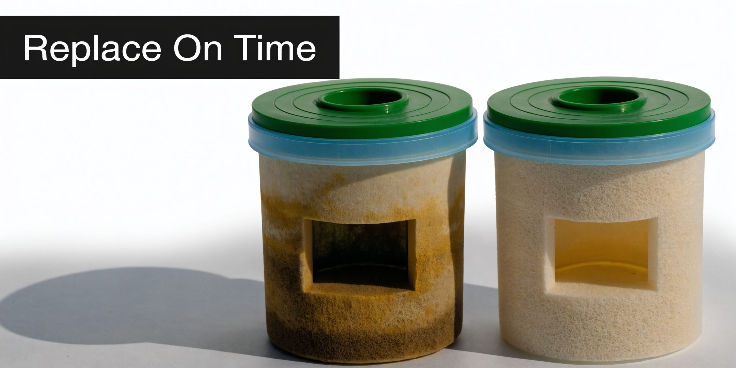 A dirty and a clean water filter cartridge are shown side by side for comparison.