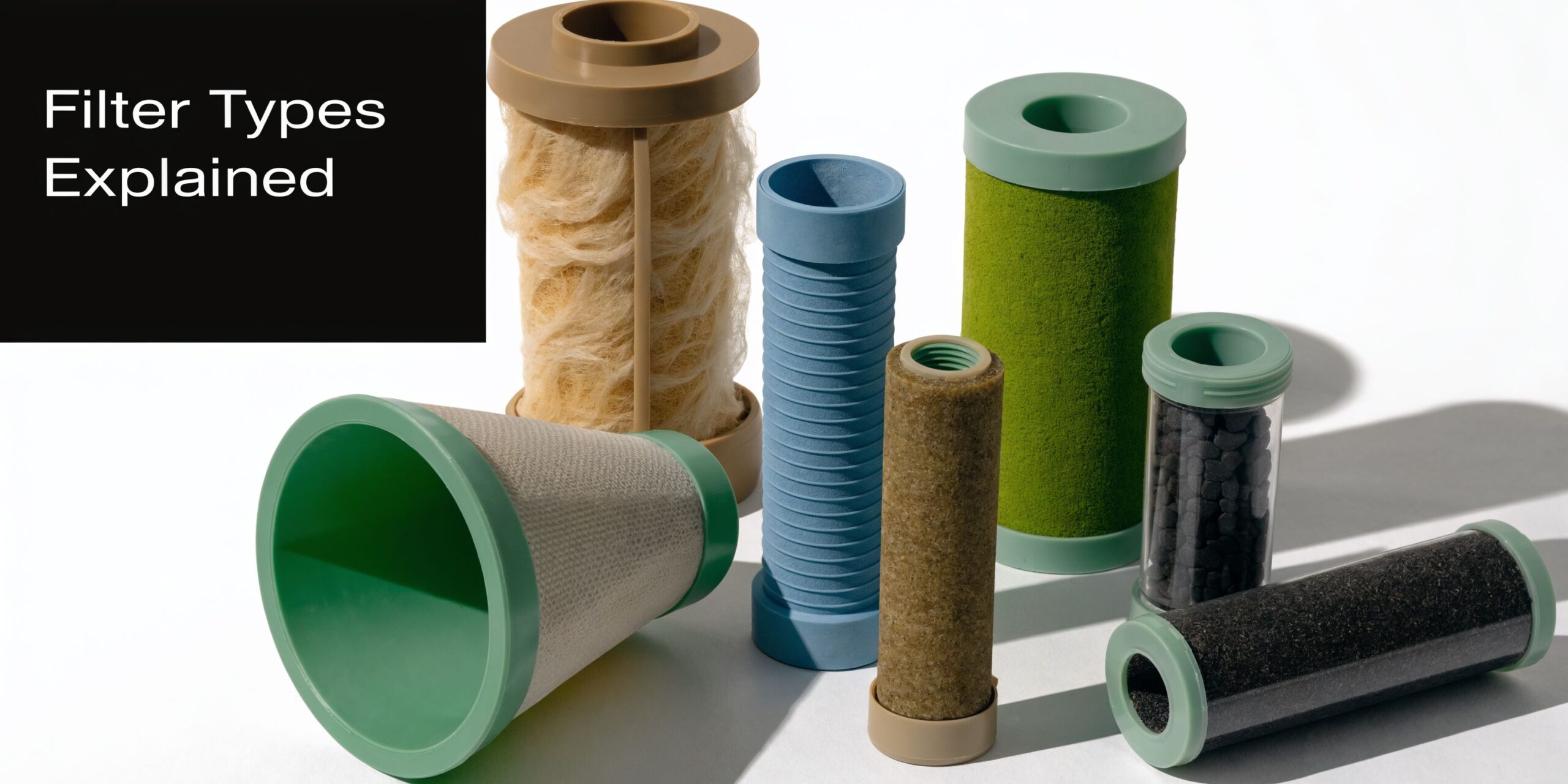 A collection of various water filter replacement cartridges displayed on a white background with soft shadows.