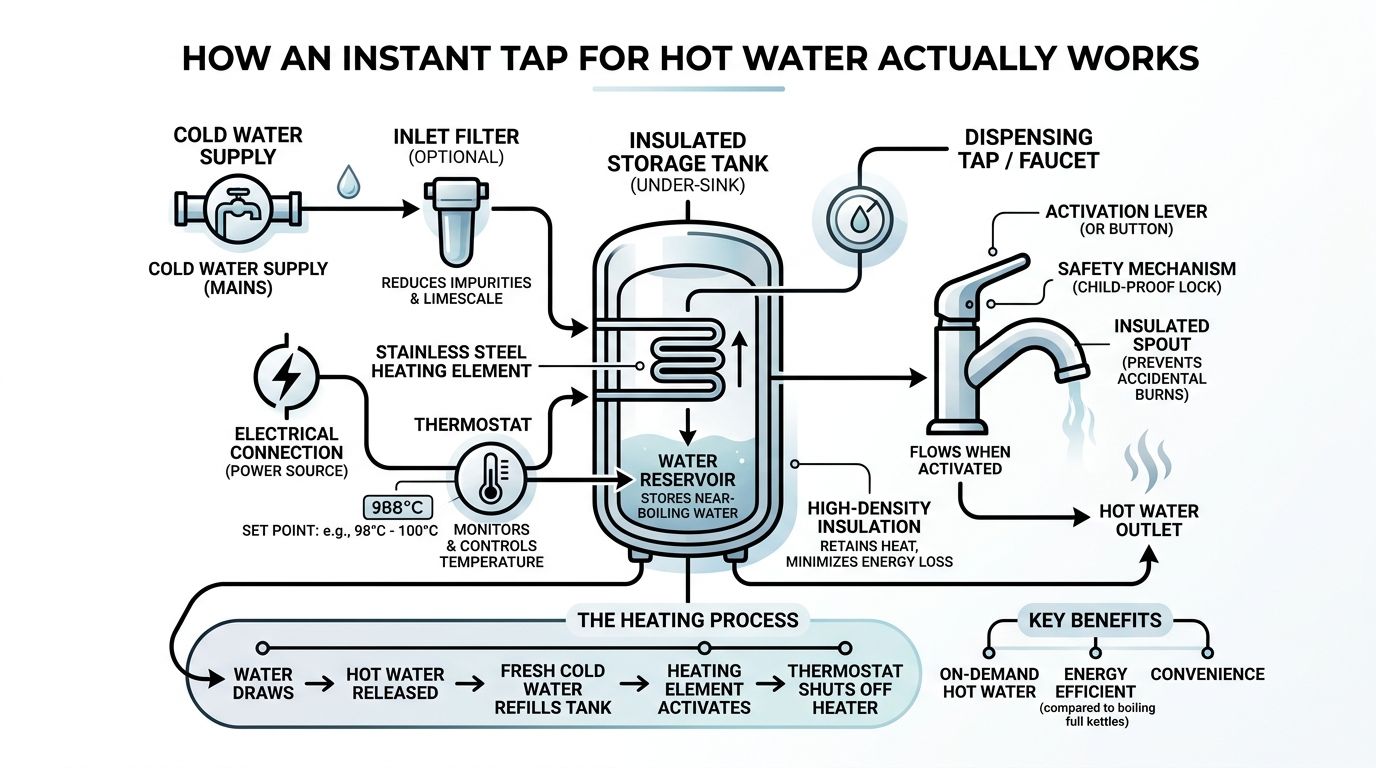 A diagram illustrating the step-by-step process of how an instant hot water tap system functions.