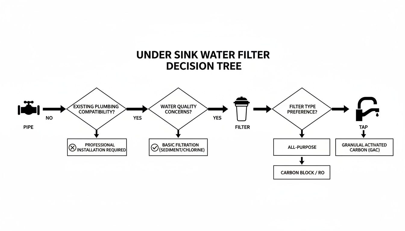 Decision tree flowchart guiding selection of under-sink water filters based on compatibility and water quality concerns.