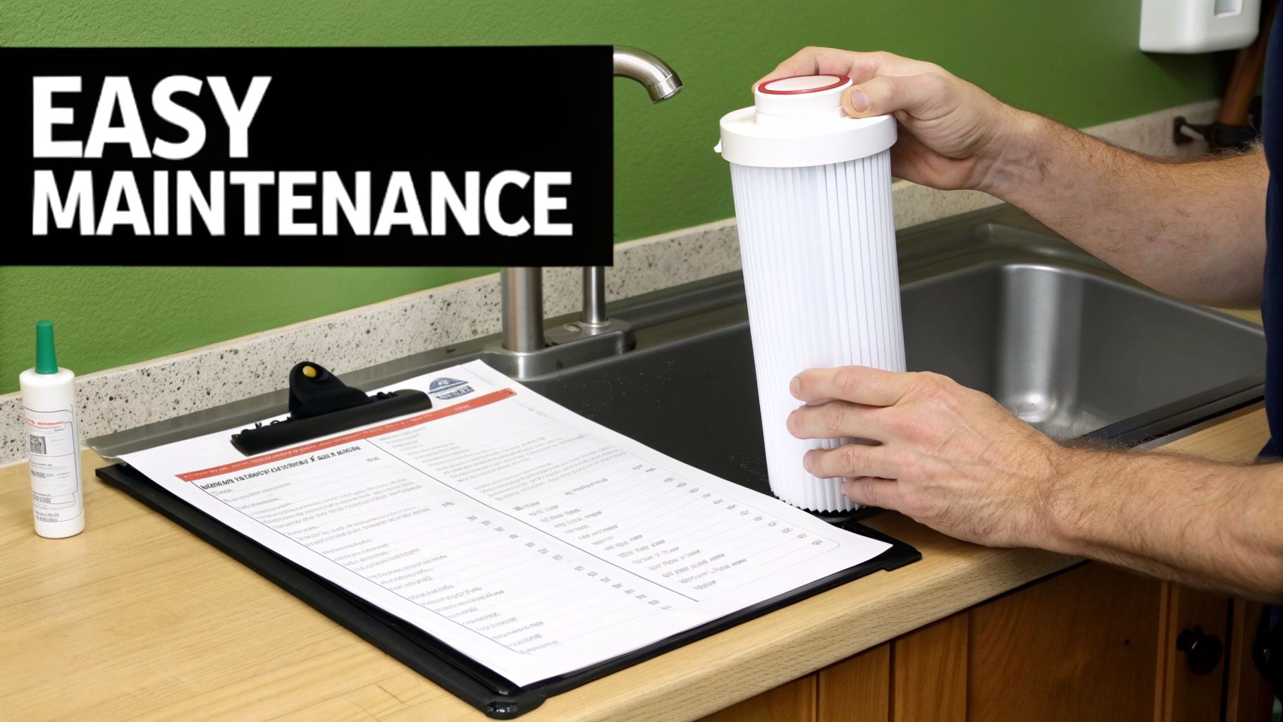 Hands hold a new water filter cartridge above a kitchen sink, indicating easy maintenance.