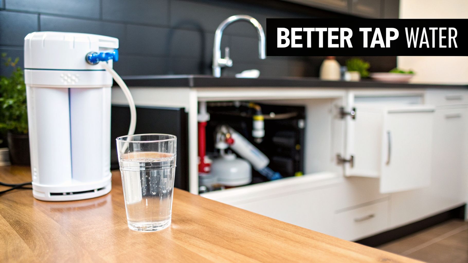 Modern kitchen with a countertop water filter and a glass of purified water, enhancing tap water quality.