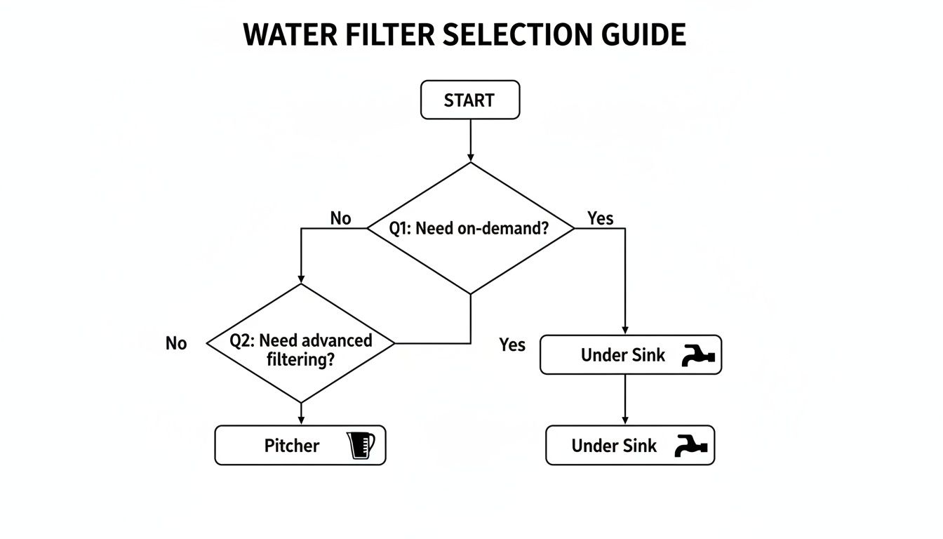 A flowchart titled 'Water Filter Selection Guide' for choosing between pitcher and under sink filters.