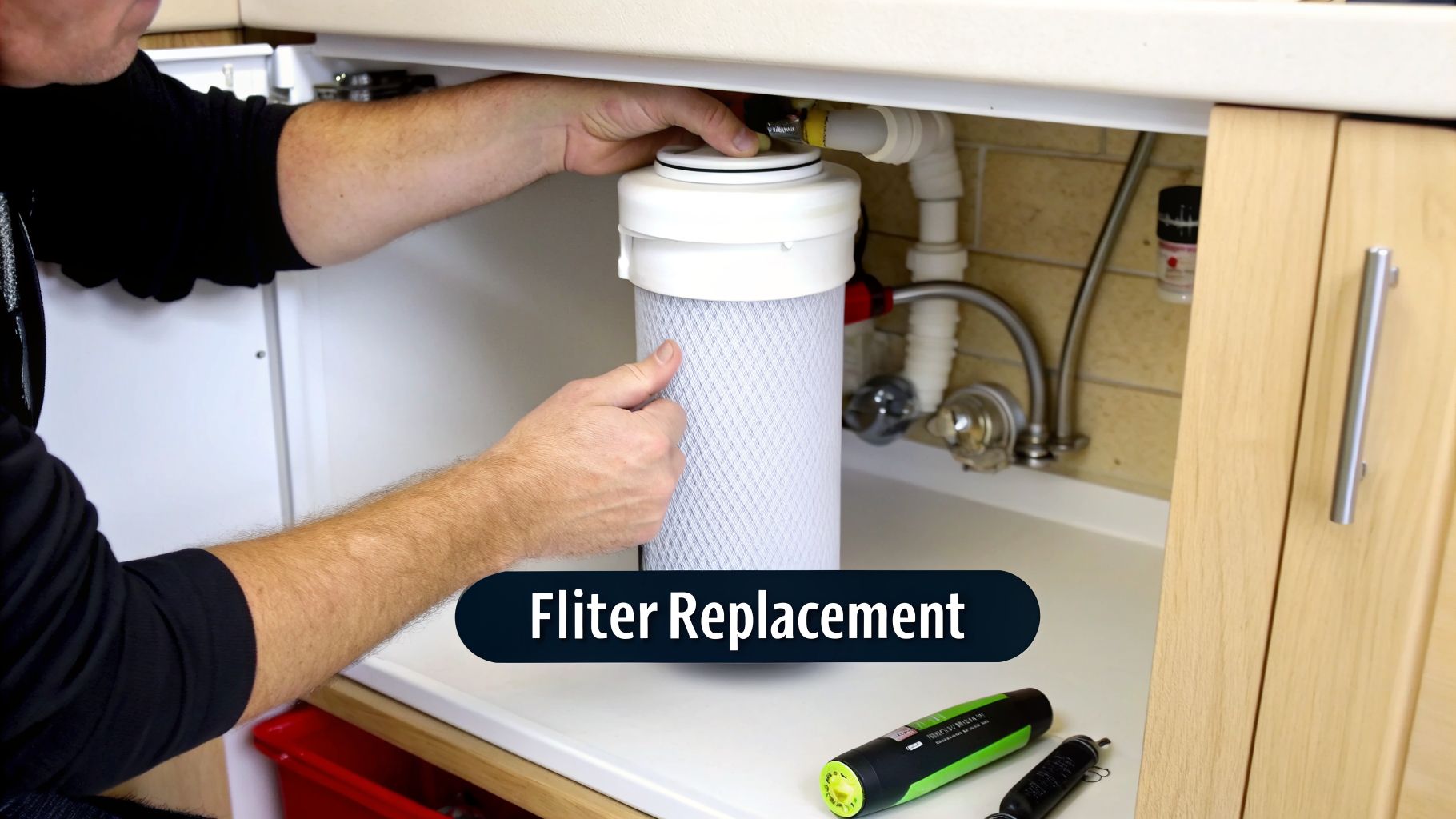 A person's hands replacing an under-sink water filter in a kitchen cabinet with plumbing.