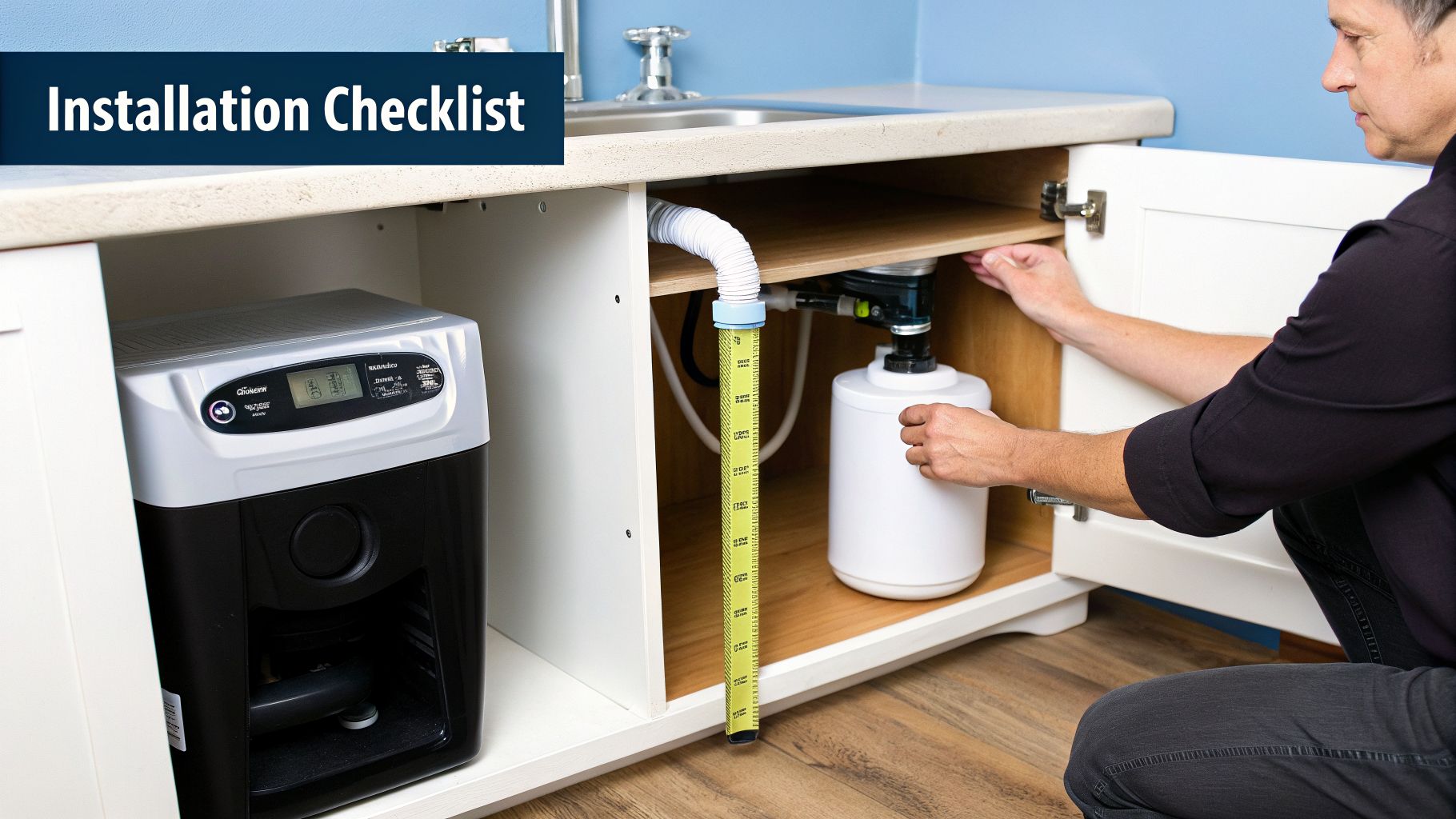 A person installs an under-sink water purifier system inside a kitchen cabinet, following a checklist.