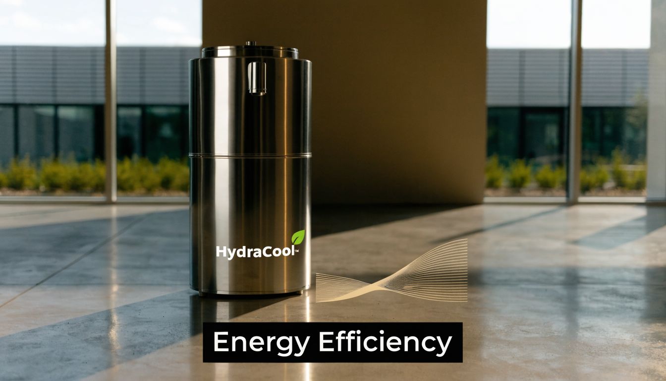 A modern stainless steel HydraCool water chiller standing in a sunlit office lobby on a polished floor.