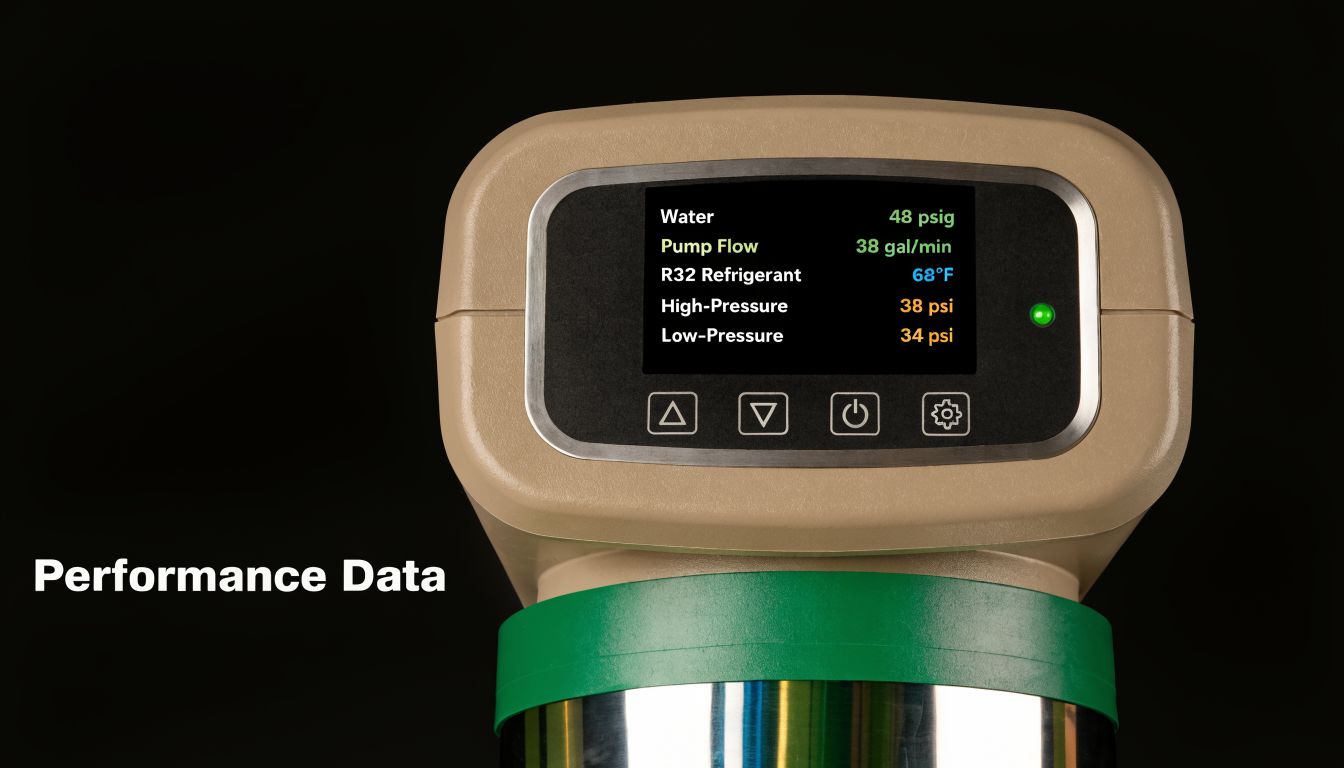 A close-up view of a device display showing water chiller performance data like pressure and flow rate.