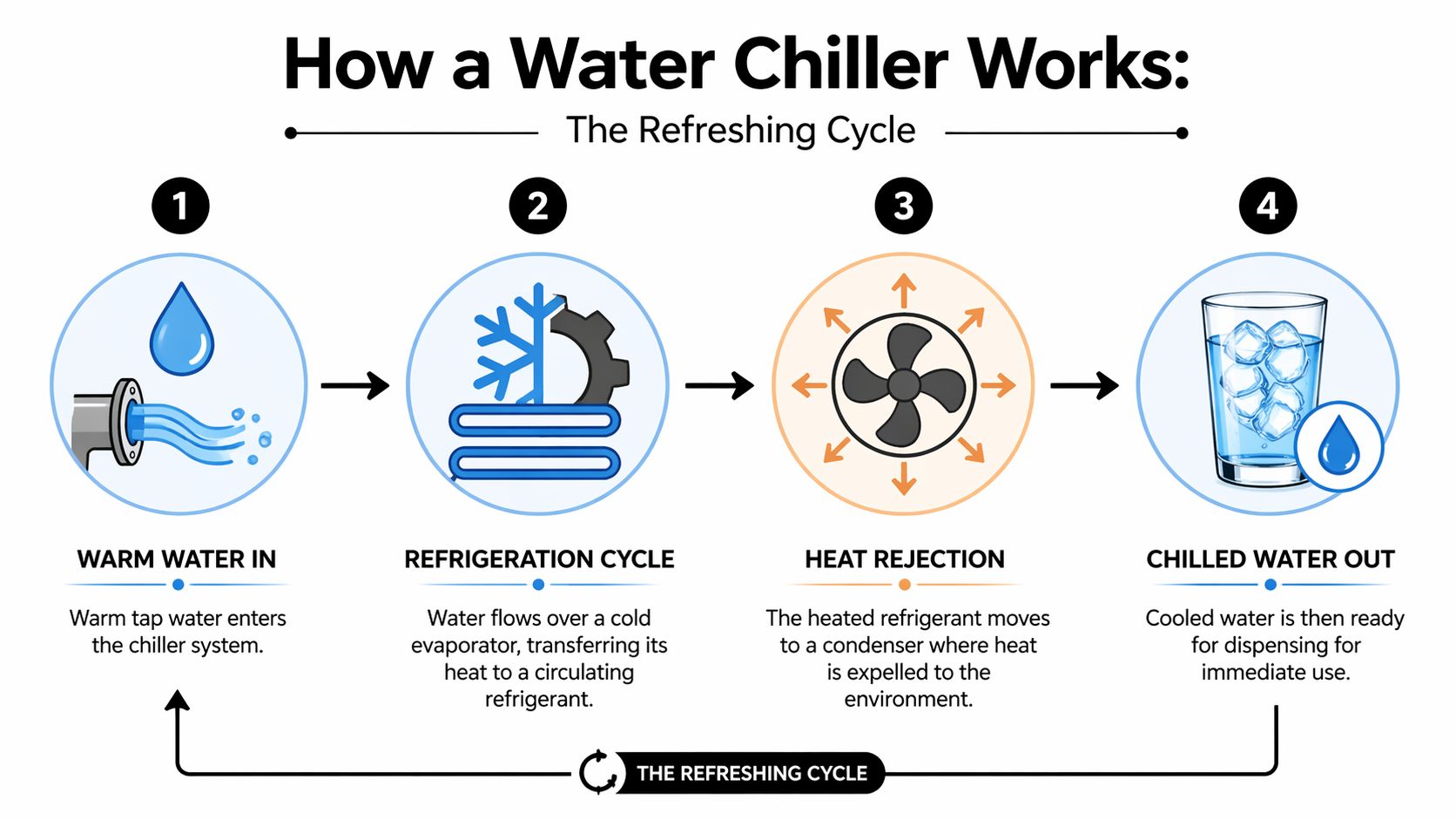 A four-step infographic illustrating the cooling process of a water chiller system from intake to dispensing.