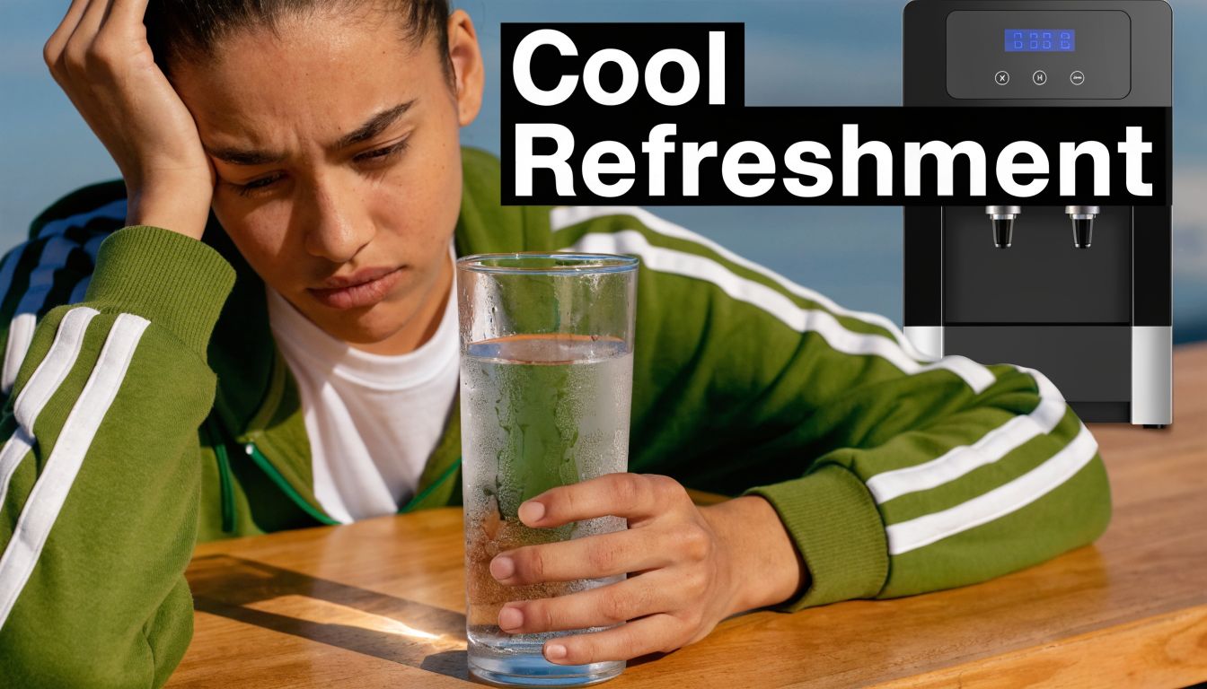A tired person holding a glass of cold water next to a black water dispenser unit.
