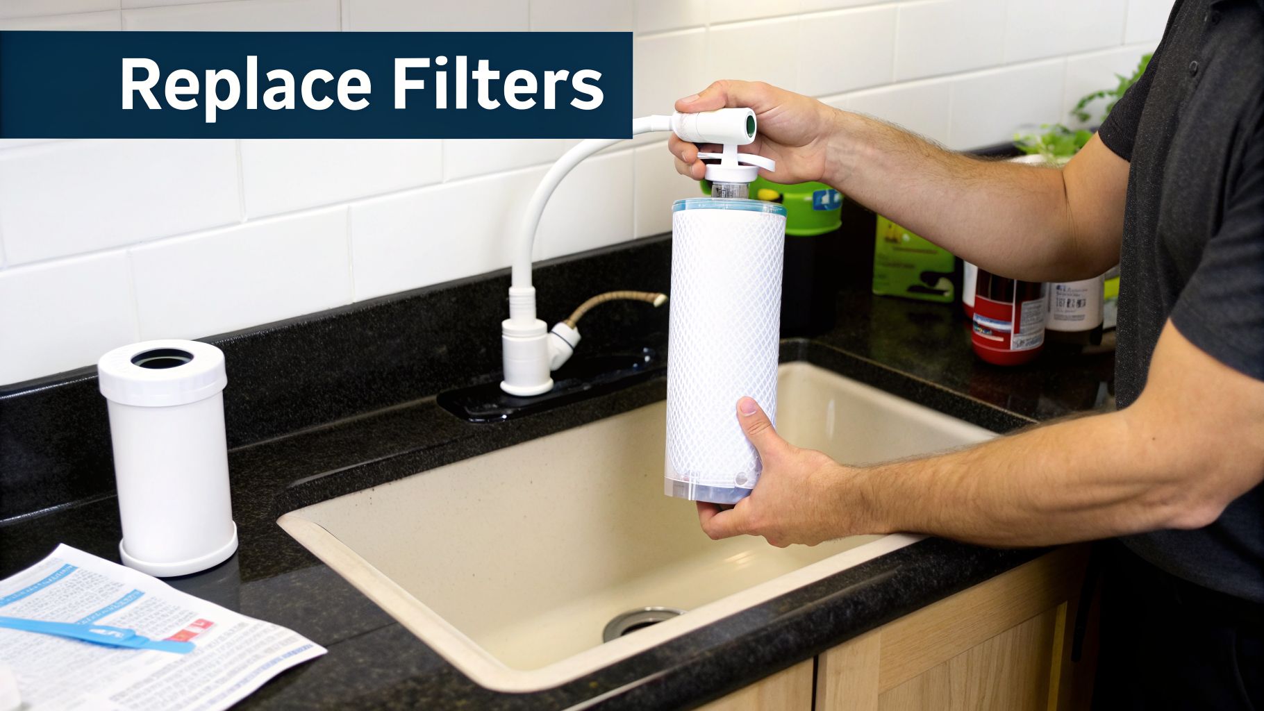 Man's hands replacing a water filter in a kitchen sink, with a new filter ready.