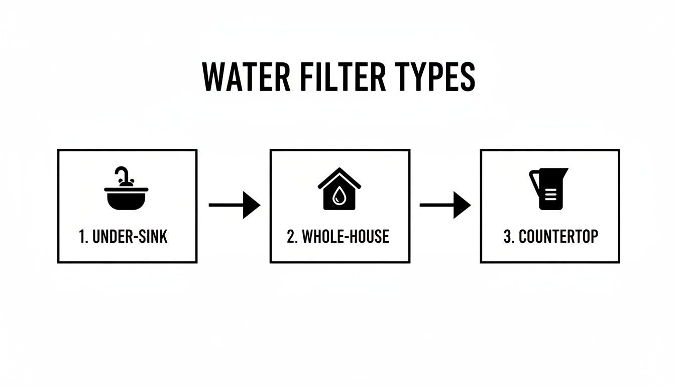 An infographic illustrating three main water filter types: under-sink, whole-house, and countertop systems.