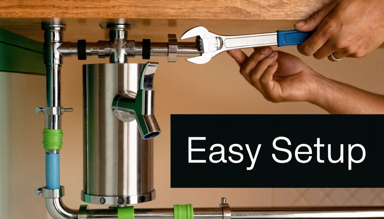A pair of hands using a wrench to install a chrome water filtration or dispensing system under a counter.