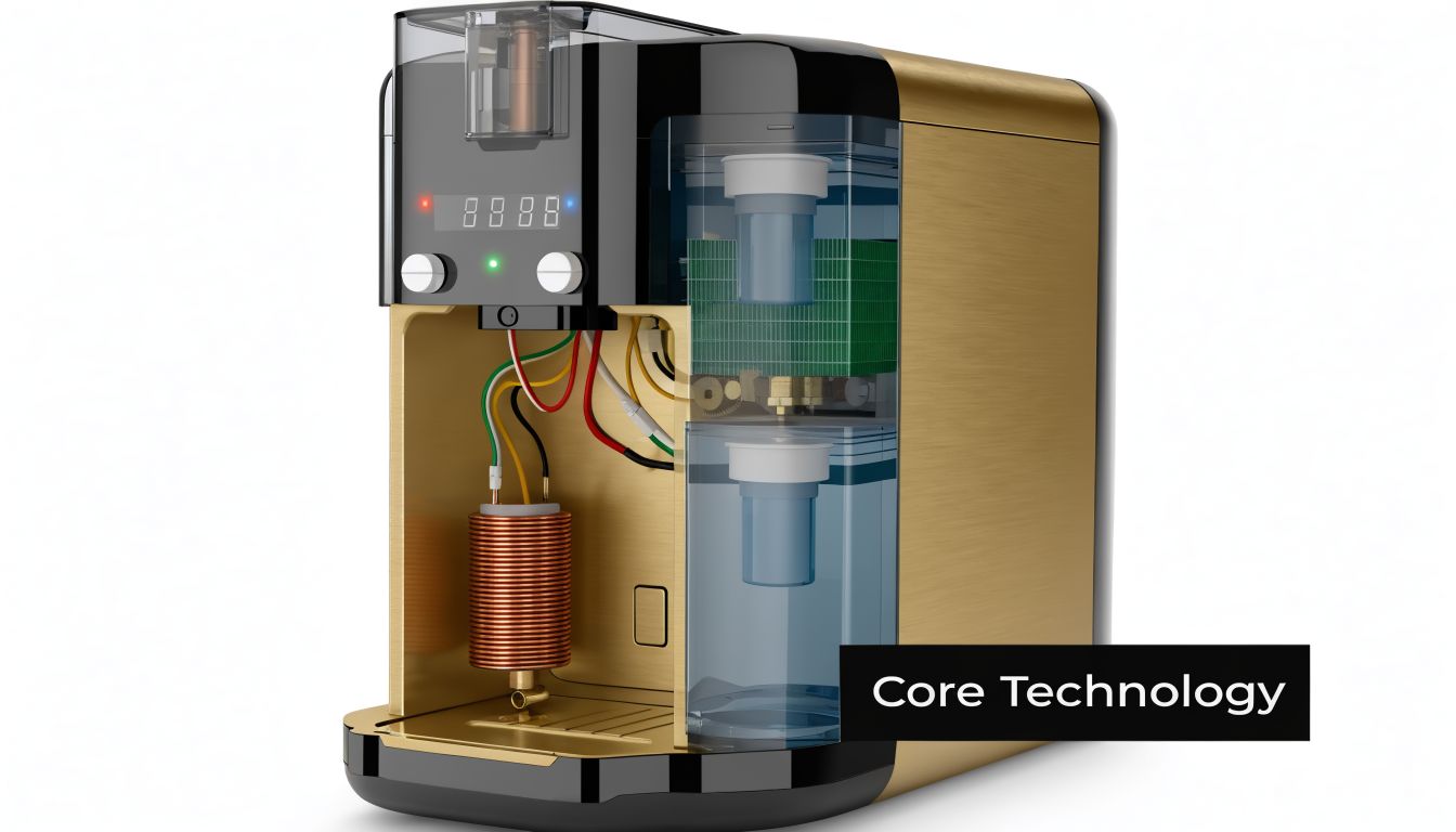 Internal view of a gold and black water hot and cold dispenser showcasing its complex heating technology.