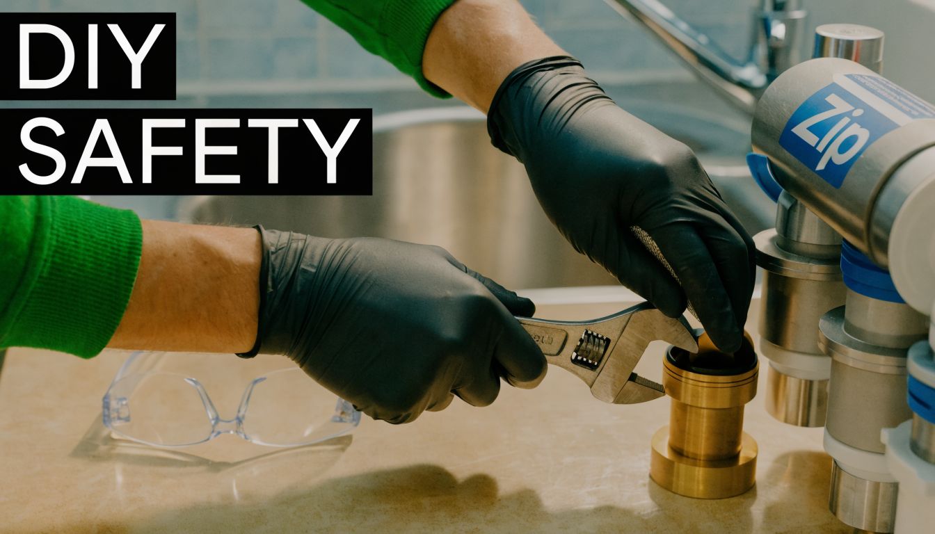 A person wearing protective gloves uses an adjustable wrench to repair plumbing equipment for DIY safety.