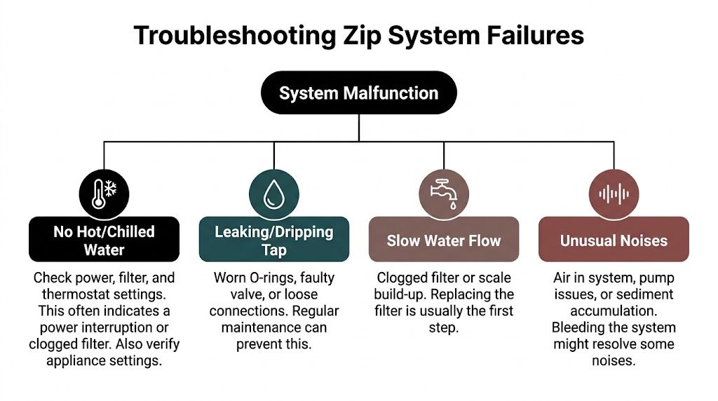 A diagnostic flowchart illustrating common troubleshooting steps for resolving Zip water system malfunctions and performance issues.